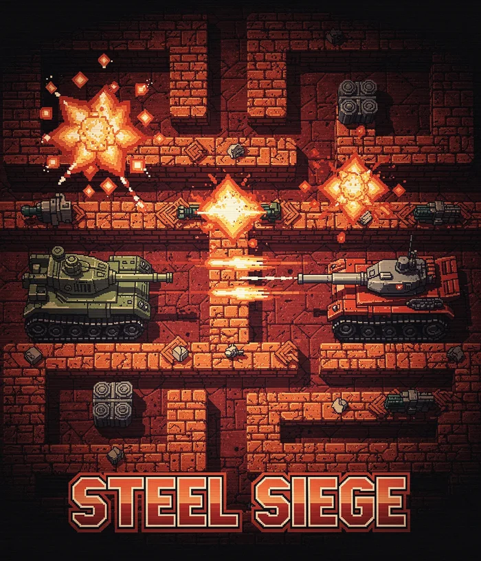 Poster joc retro 2D cu bătălie de tancuri
