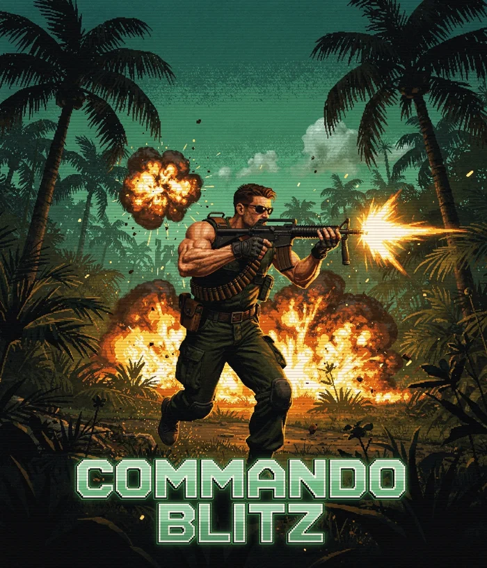 Poster joc retro 2D de acțiune în junglă