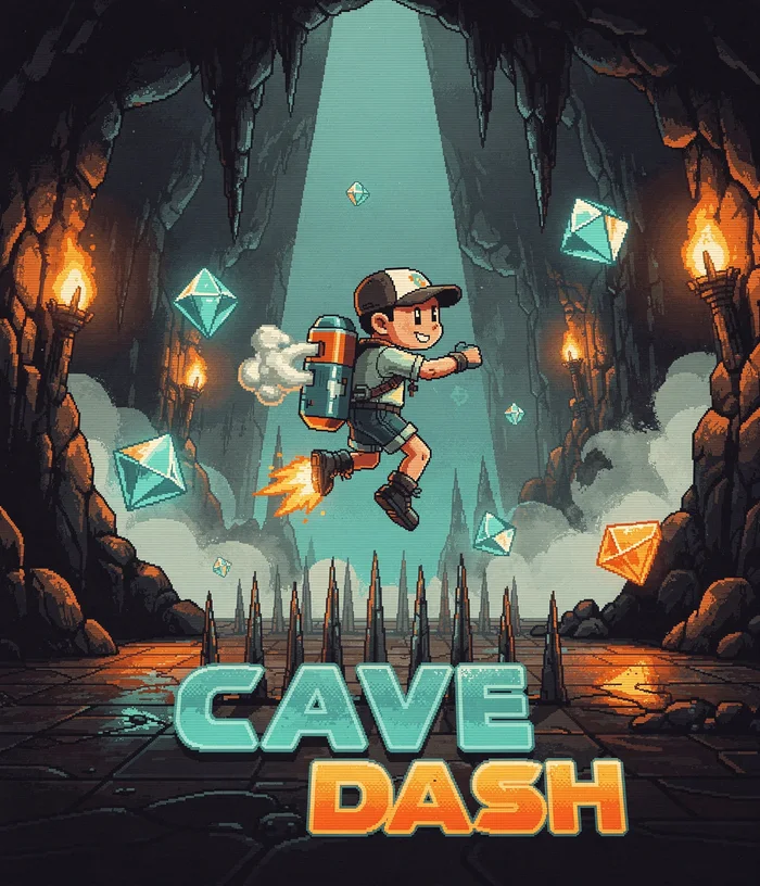 Poster joc retro 2D, platformer într-o peșteră