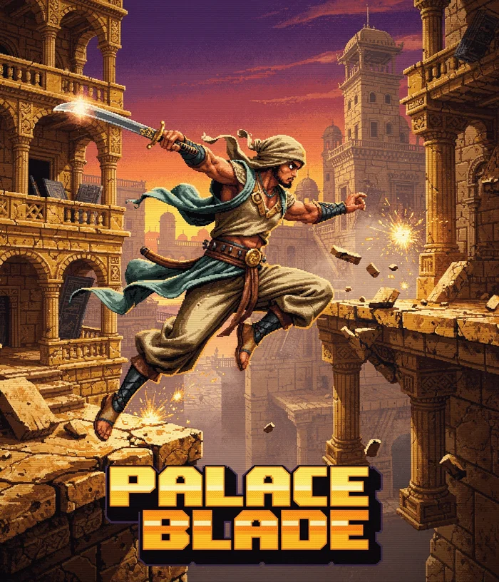 Poster joc retro 2D, aventură cu sabie în palat