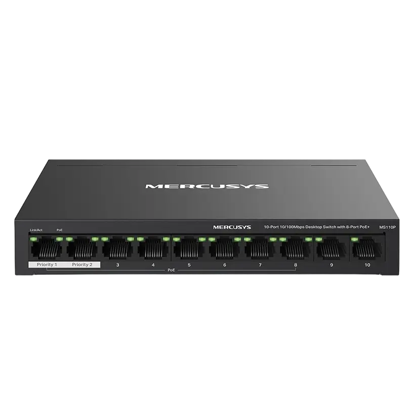 10-port 10/100M MERCUSYS PoE Switch, MS110P, 8x PoE+ ports, 65W Budget, Auto Recovery, steel case