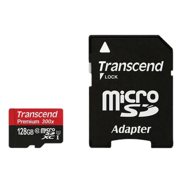 128GB MicroSD (Class 10) UHS-I (U1) +SD adapter, Transcend "TS128GUSDU1" (R/W:95/45MB/s)