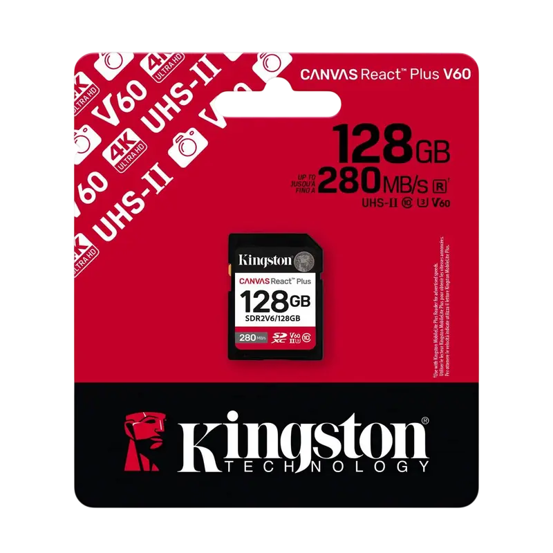Card de memorie Kingston Canvas React Plus V60 SDXC 128 GB UHS-II, vedere laterală
