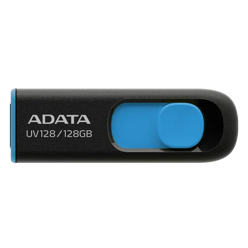 128GB USB3.1 Flash Drive ADATA "UV128", Black-Blue, Plastic, Slider (R/W:90/40MB/s)
