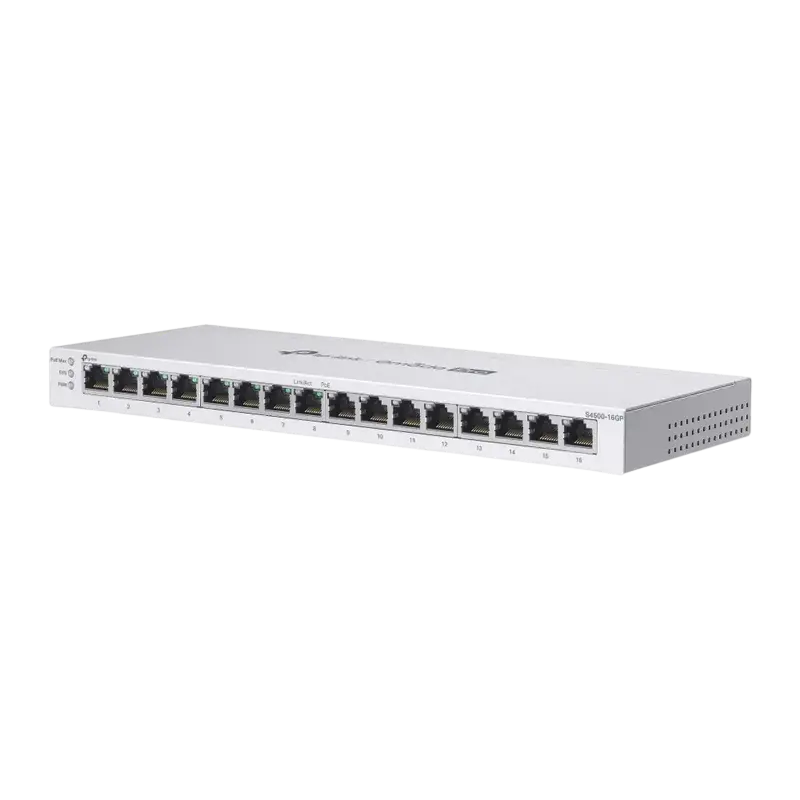 Switch TP-Link Omada Pro S4500-16GP 16 porturi Gigabit, 8 porturi PoE+, detaliu interfață