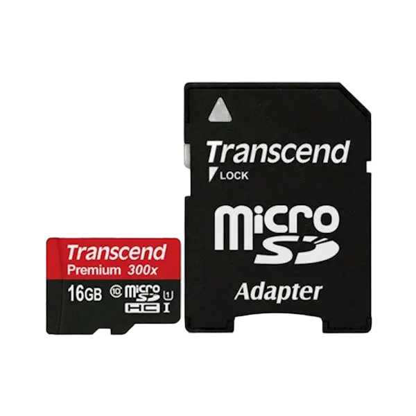 16GB MicroSD (Class 10) UHS-I (U1) +SD adapter, Transcend "TS16GUSDU1" (R/W:60/16MB/s)
