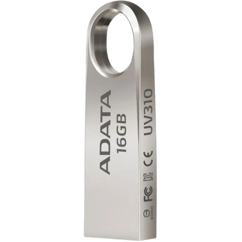 16GB USB3.1 Flash Drive ADATA "UV310", Silver, Metal Case, Slim Capless, Keychain (R/W:100/30MB/s)