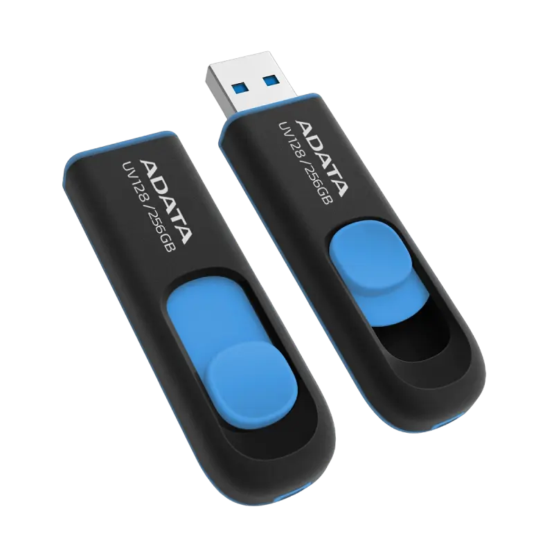 256GB USB3.1 Flash Drive ADATA "UV128", Black-Blue, Plastic, Slider (R/W:90/40MB/s)