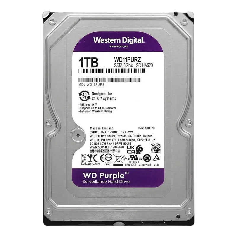 3.5" HDD 1.0TB-SATA- 64MB Western Digital "Purple (WD11PURZ)", Surveillance, CMR