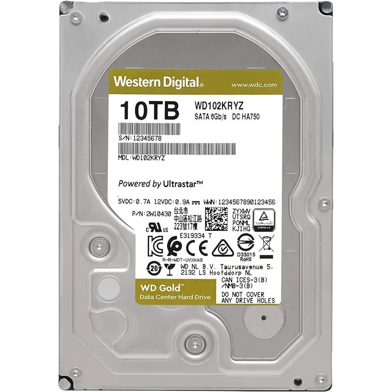 3.5" HDD 10.0TB-SATA-256MB Western Digital "Gold (WD102KRYZ)", Enterprise, CMR, 7200rpm, 2M (MTBF)