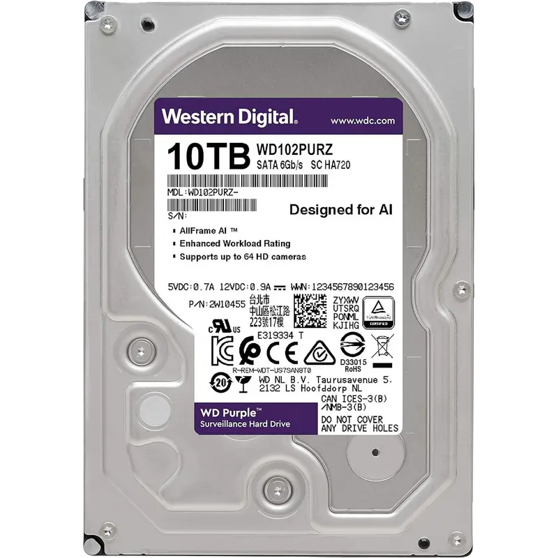 3.5" HDD 10.0TB-SATA- 256MB Western Digital "Purple (WD102PURZ)", Surveillance, CMR