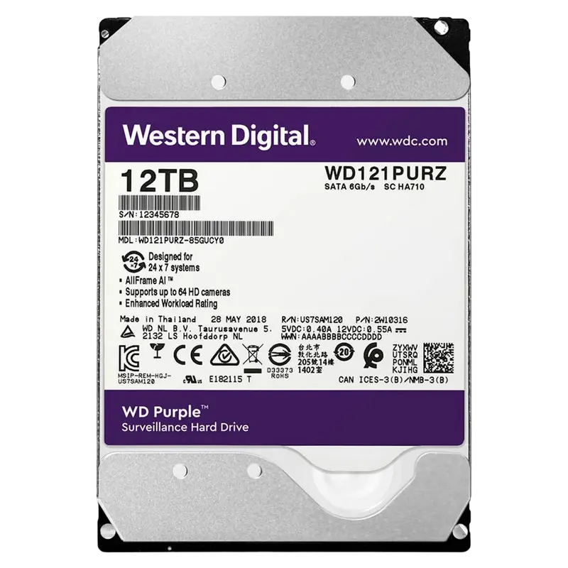 3.5" HDD 12.0TB-SATA-256MB Western Digital "Purple (WD121PURZ)", Surveillance, CMR