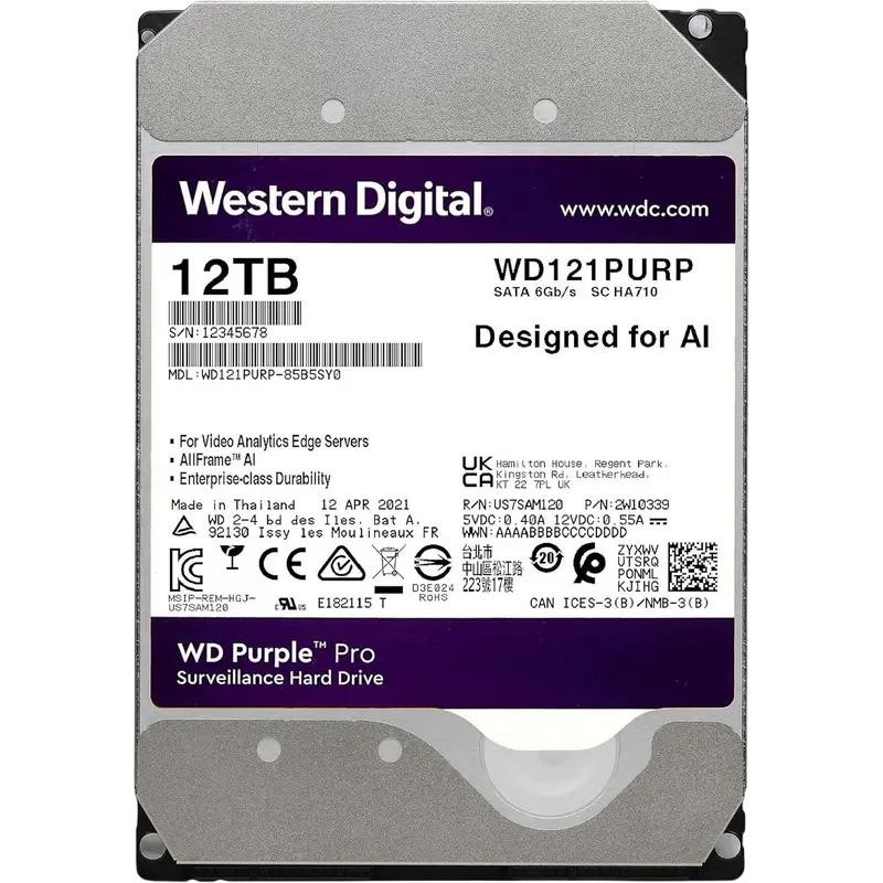 3.5" HDD 12.0TB-SATA-256MB Western Digital "Purple Pro (WD121PURP)", Surveillance, CMR