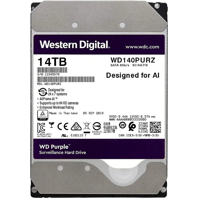 3.5" HDD 14.0TB-SATA-512MB Western Digital "Purple (WD140PURZ)", Surveillance, CMR