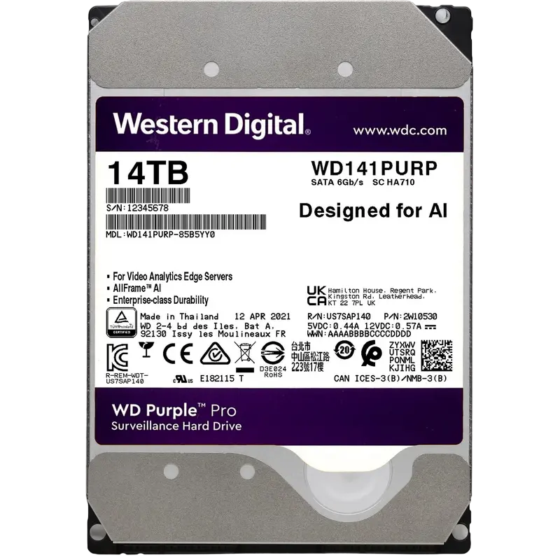3.5" HDD 14.0TB-SATA-512MB Western Digital "Purple Pro (WD141PURP)", Surveillance, CMR