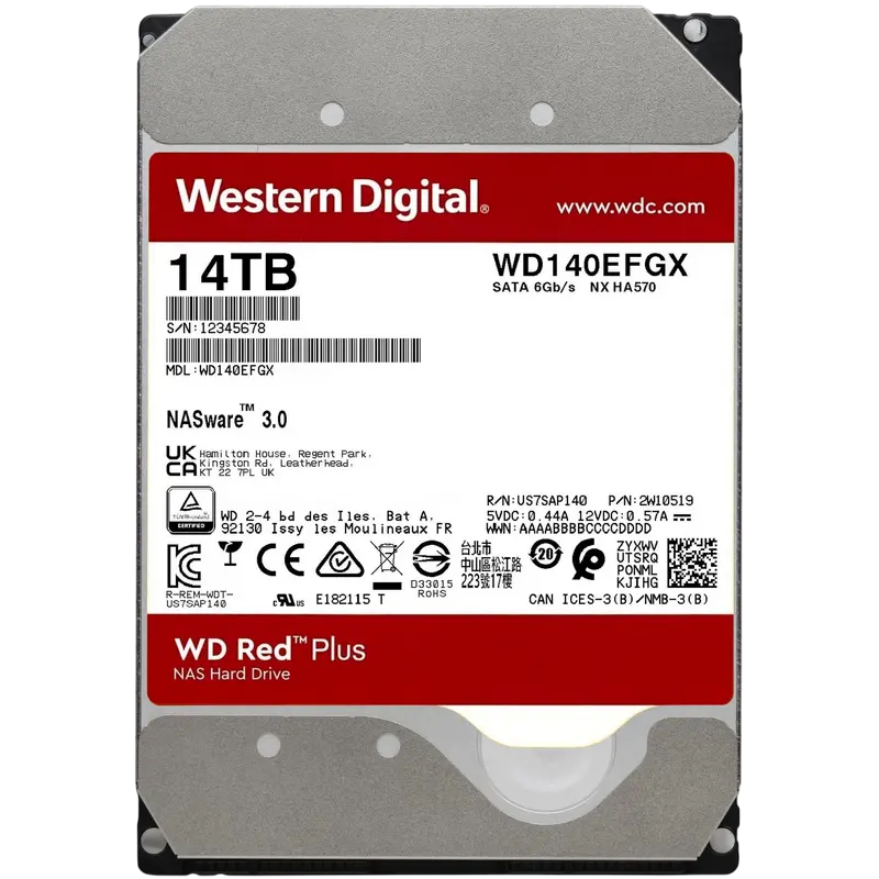 3.5" HDD 14.0TB-SATA-512MB Western Digital "Red Plus (WD140EFGX)", NAS, CMR