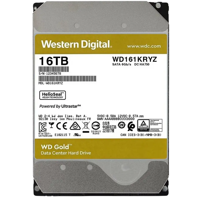 3.5" HDD 16.0TB-SATA-512MB Western Digital "Gold (WD161KRYZ)", Enterprise, 24/7, CMR, 7200rpm, 2.5M
