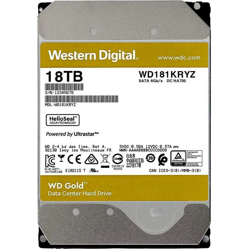 3.5" HDD 18.0TB-SATA-512MB Western Digital "Gold (WD181KRYZ)", Enterprise, CMR, 7200rpm, 2.5M (MTBF)