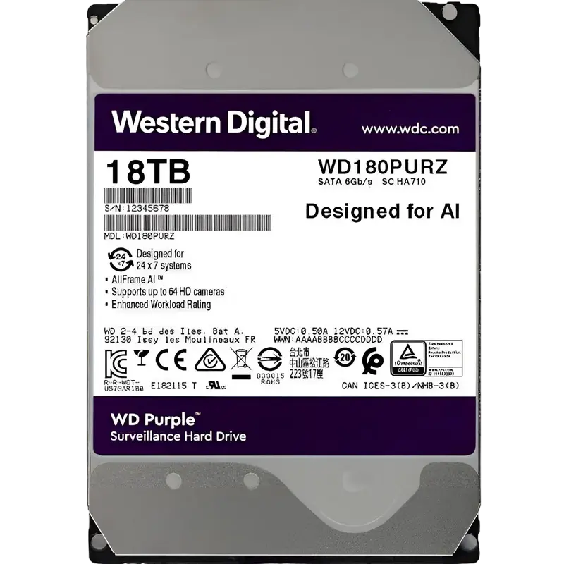 3.5" HDD 18.0TB-SATA-512MB Western Digital Purple Surveillance (WD180PURZ)