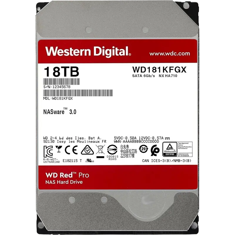 3.5" HDD 18.0TB-SATA-512MB Western Digital "Red Pro (WD181KFGX)", NAS, CMR, 7200rpm, 2.5M (MTBF)