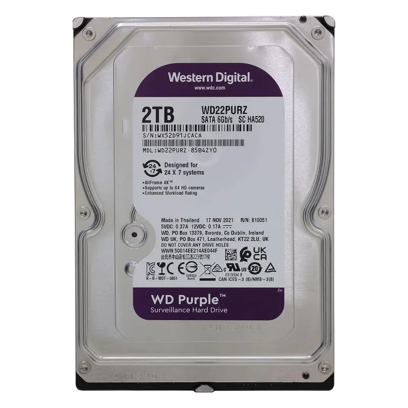 3.5" HDD 2.0TB-SATA - 256MB Western Digital " Purple (WD22PURZ)", Surveillance, CMR