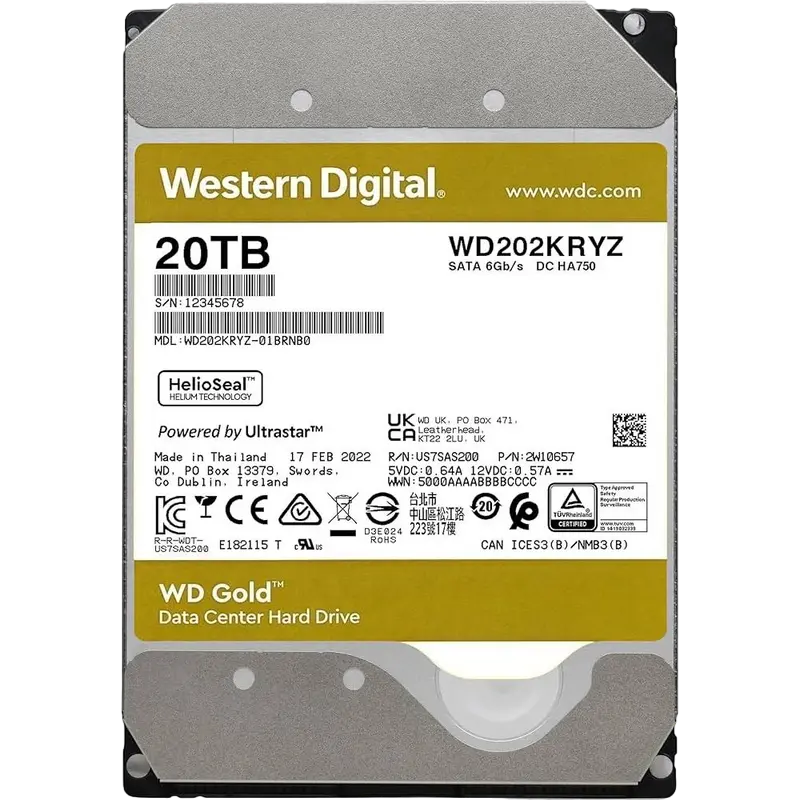 3.5" HDD 20.0TB-SATA-512MB Western Digital "Gold (WD202KRYZ)", Enterprise, CMR, 7200rpm, 2.5M (MTBF)