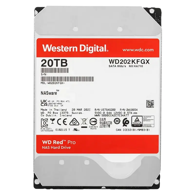 3.5" HDD 20.0TB-SATA-512MB Western Digital "Red Pro (WD202KFGX)", NAS, CMR, 7200rpm, 2.5M (MTBF)