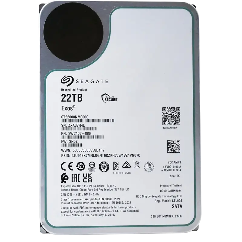 3.5" HDD 22.0TB-SATA- 512MB Seagate Exos (ST22000NM000C-FR), Recertified, Enterprise, CMR, 7200rpm