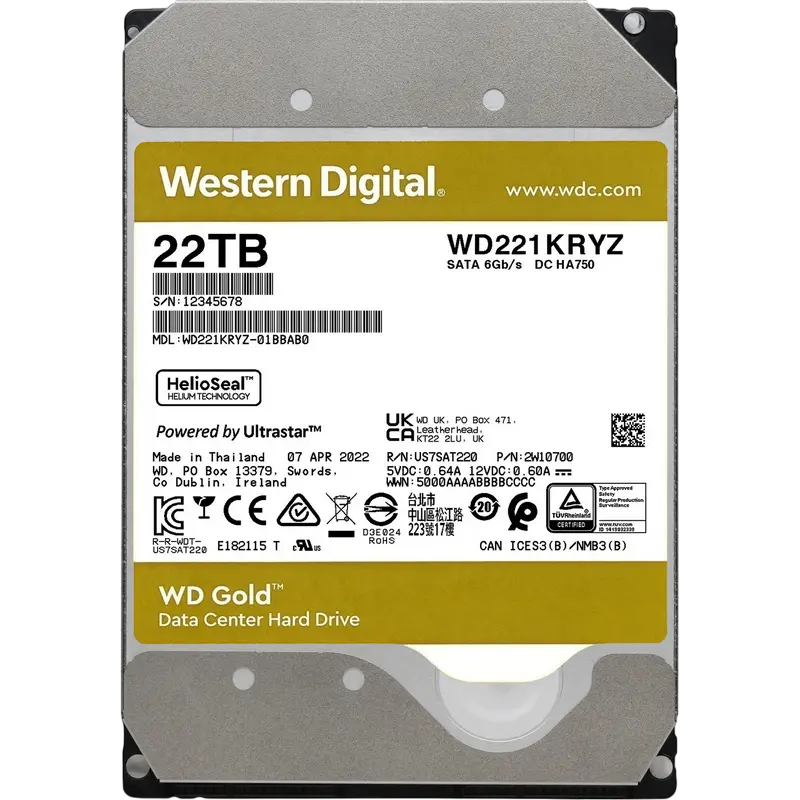 3.5" HDD 22.0TB-SATA-512MB Western Digital "Gold (WD221KRYZ)", Enterprise, CMR, 7200rpm, 2.5M (MTBF)