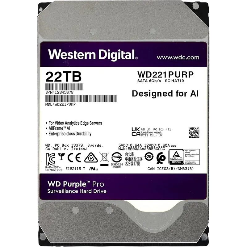 3.5" HDD 22.0TB-SATA-512MB Western Digital "Purple Pro (WD221PURP)", Surveillance, CMR