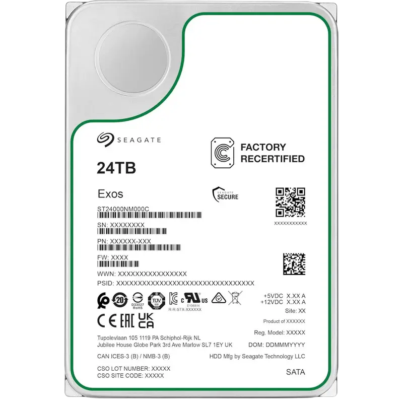 3.5" HDD 24.0TB-SATA- 512MB Seagate Exos (ST24000NM000C-FR), Recertified, Enterprise, CMR, 7200rpm