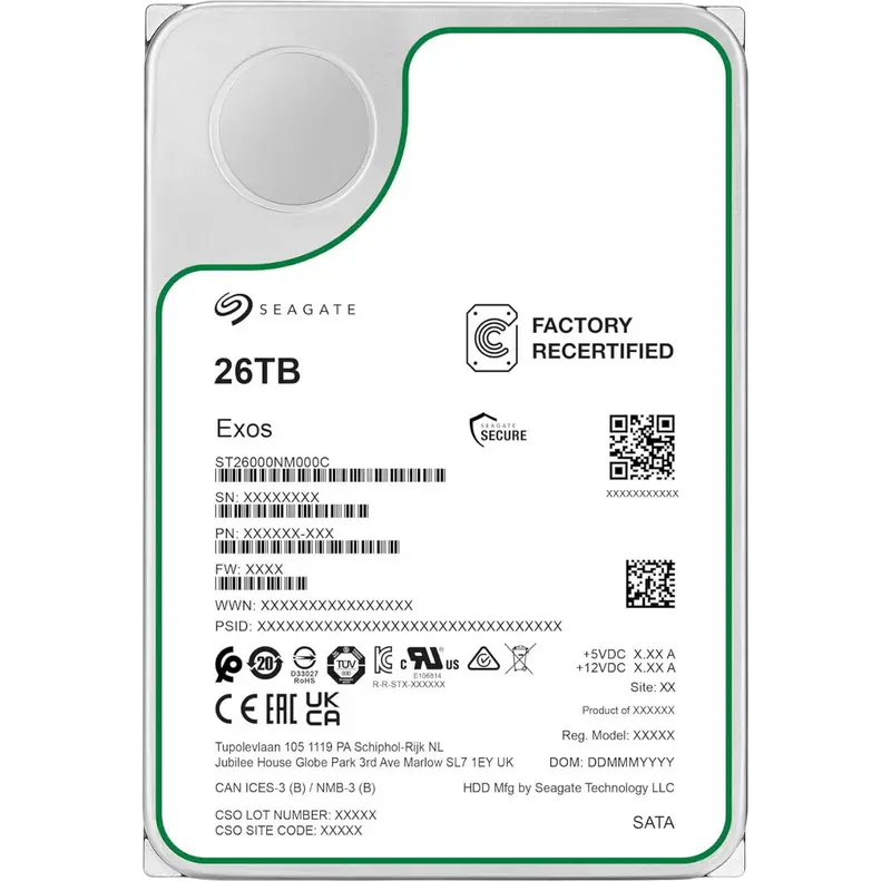 3.5" HDD 26.0TB-SATA- 512MB Seagate Exos (ST26000NM000C-FR), Recertified, Enterprise, CMR, 7200rpm