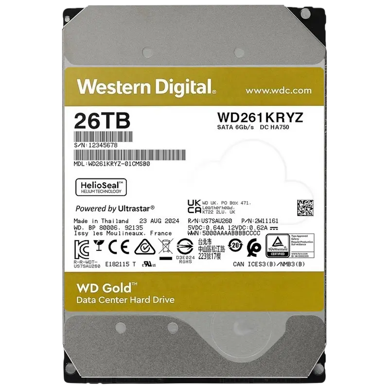3.5" HDD 26.0TB-SATA-512MB Western Digital "Gold (WD261KRYZ)", Enterprise, 24/7, CMR, 7200rpm, 2.5M