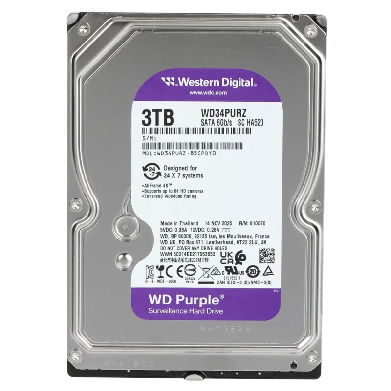 3.5" HDD 3.0TB-SATA-128MB Western Digital "Purple (WD34PURZ)", Surveillance, CMR