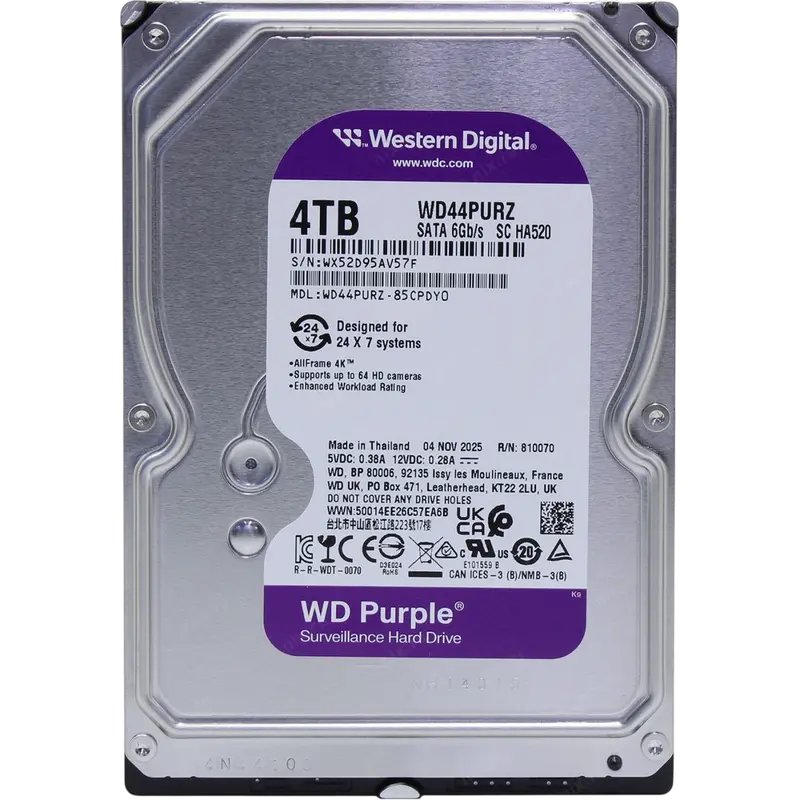 3.5" HDD 4.0TB-SATA- 128MB Western Digital "Purple (WD44PURZ)", Surveillance, 24/7, CMR, 5400rpm, 1