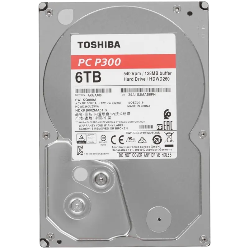 3.5" HDD 6.0TB -SATA -128MB Toshiba P300 Desktop PC "HDWD260UZSVA", SMR, 5400rpm