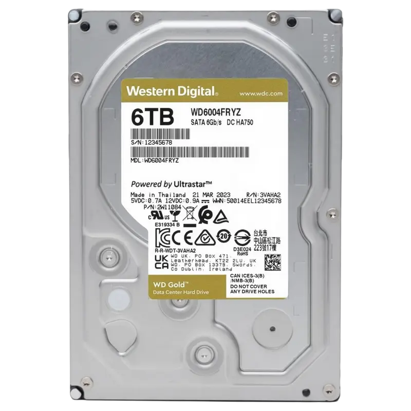 3.5" HDD 6.0TB-SATA-256MB Western Digital "Gold (WD6004FRYZ)", Enterprise, CMR, 7200rpm, 2.0M (MTB