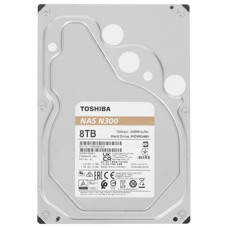 3.5" HDD 8.0TB-SATA-256MB Toshiba N300 NAS Systems HDWG480UZSVA, NAS, 24/7, CMR, 7200rpm, 1.0M (MTT