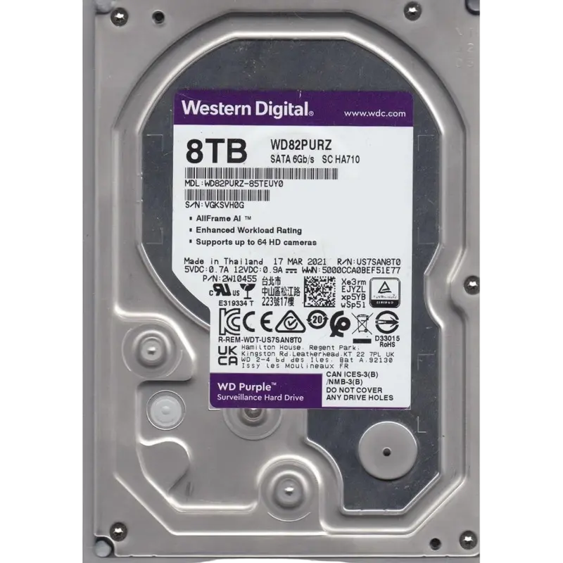 3.5" HDD 8.0TB-SATA-256MB Western Digital "Purple (WD82PURZ)", Surveillance, CMR