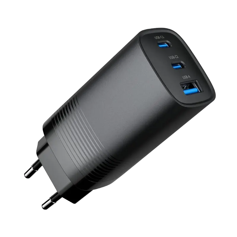 Gembird 3-port 65 W GaN USB-C/USB-A fast charger, Black, TA-UC-PDQC65-01-BK