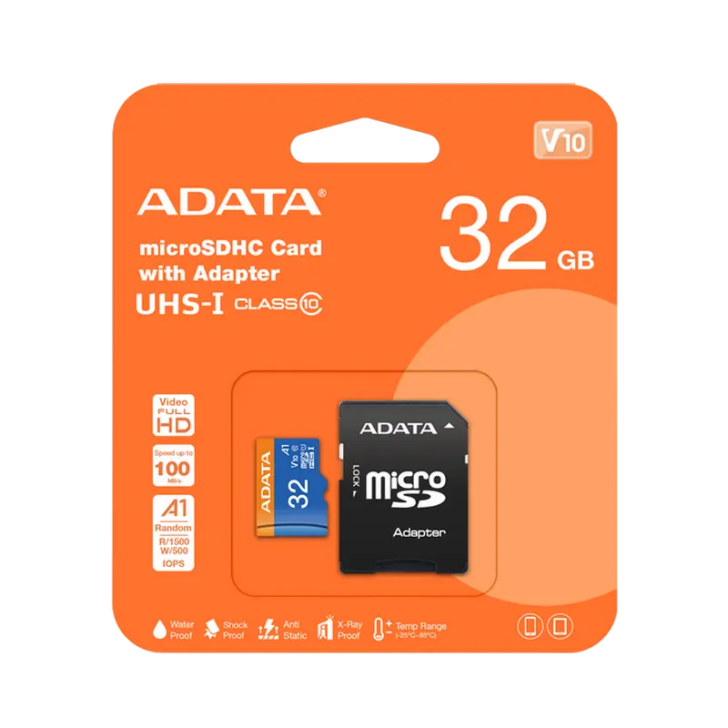32GB MicroSD (Class 10) UHS-I (U1) +SD adapter, ADATA Premier "AUSDH32GUICL10A1-RA1" (R/W:100/25MB