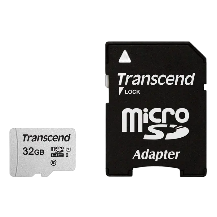 32GB MicroSD (Class 10) UHS-I (U1),+SD adapter, Transcend "TS32GUSD300S-A" (R/W:95/45MB/s)