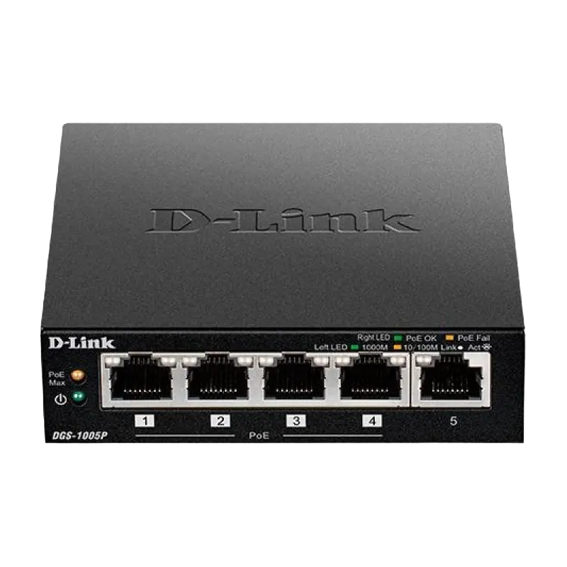 5-port Gigabit Switch D-Link "DGS-1005P/A1A", with 4-Port PoE, steel case, 60W Budget