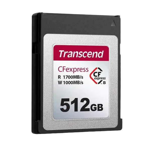 512GB CFexpress 2.0 Type B (PCIe 3.0 x2, NVMe 1.3), Transcend "TS512GCFE820" (R/W: 1700/1000MB/s)