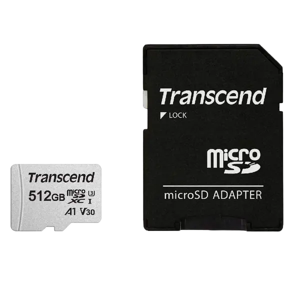 512GB MicroSD (Class 10) UHS-I (U3) +SD adapter, Transcend "TS512GUSD300S" (R/W:95/45MB/s)