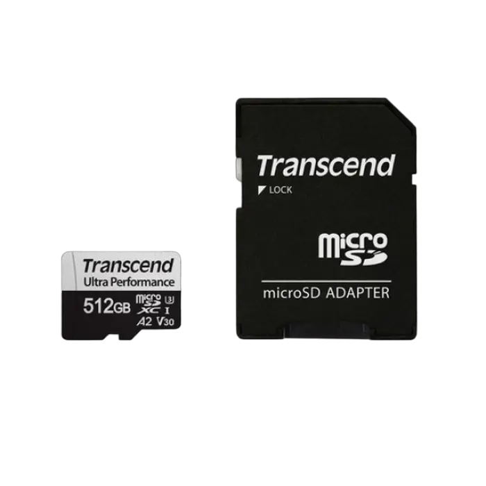 512GB MicroSD (Class 10) UHS-I (U3) +SD adapter, Transcend TS256GUSD340S (V30, A2, R/W:160/125MB/s