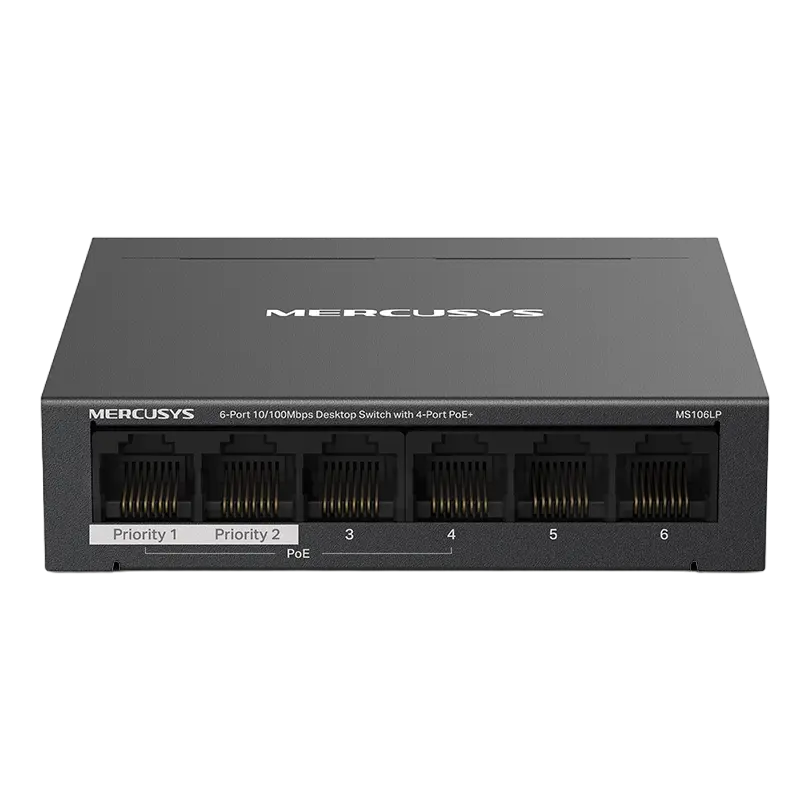 6-port 10/100M MERCUSYS PoE+ Switch, MS106LP, with 4 Port PoE, 40W Budget, Autorecovery, steel case