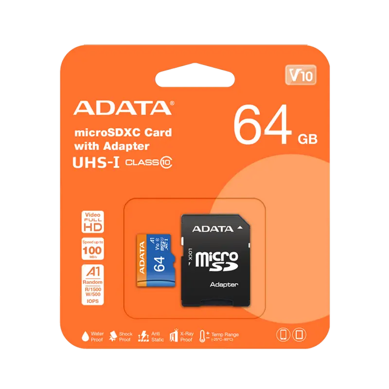 64GB MicroSD (Class 10) UHS-I (U1) +SD adapter, ADATA Premier "AUSDX64GUICL10A1-RA1" (R/W:100/25MB