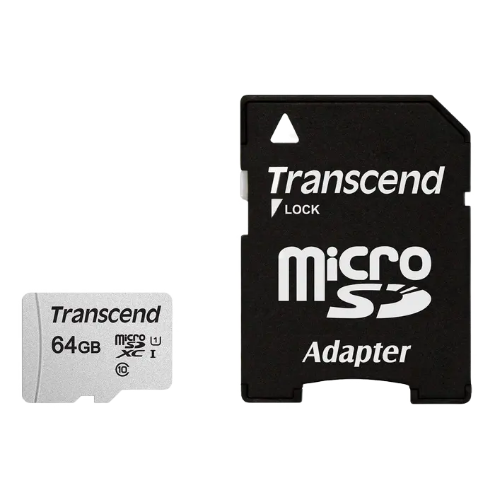64GB MicroSD (Class 10) UHS-I (U1),+SD adapter, Transcend "TS64GUSD300S" (R/W:95/45MB/s)