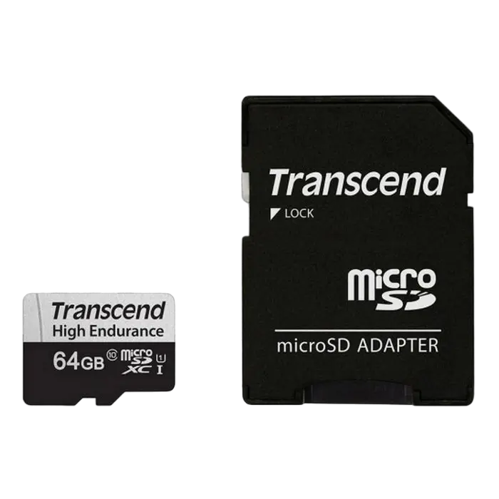 64GB MicroSD (Class 10) UHS-I (U1),+SD adapter, Transcend "TS64GUSD350V" (R/W:95/45MB/s, Endurance